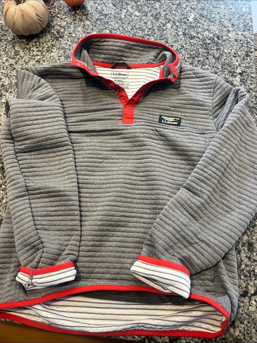 L.L. Bean Gray Quilted Zip-Up Sweater with Red Trim